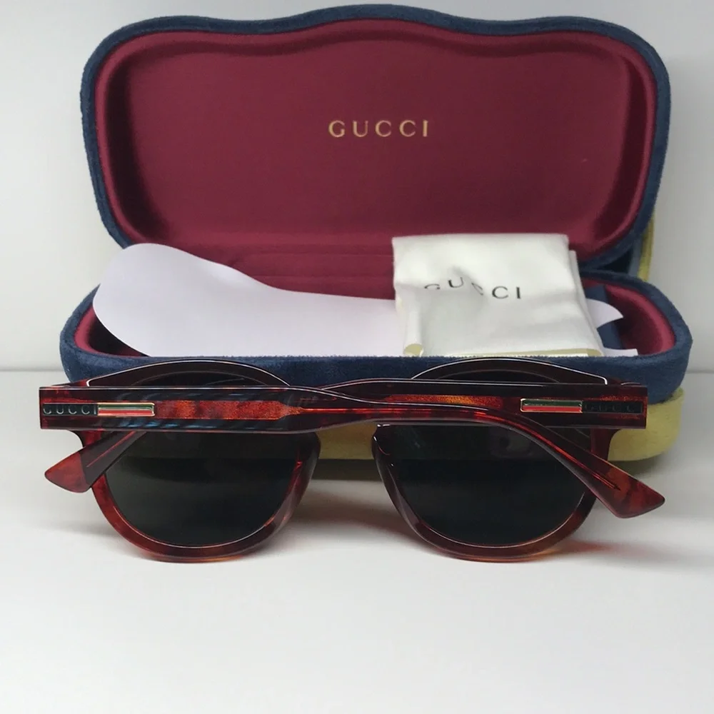 Gucci GG0825S 005 49 Havana Grey Round Sunglasses | New Authentic
